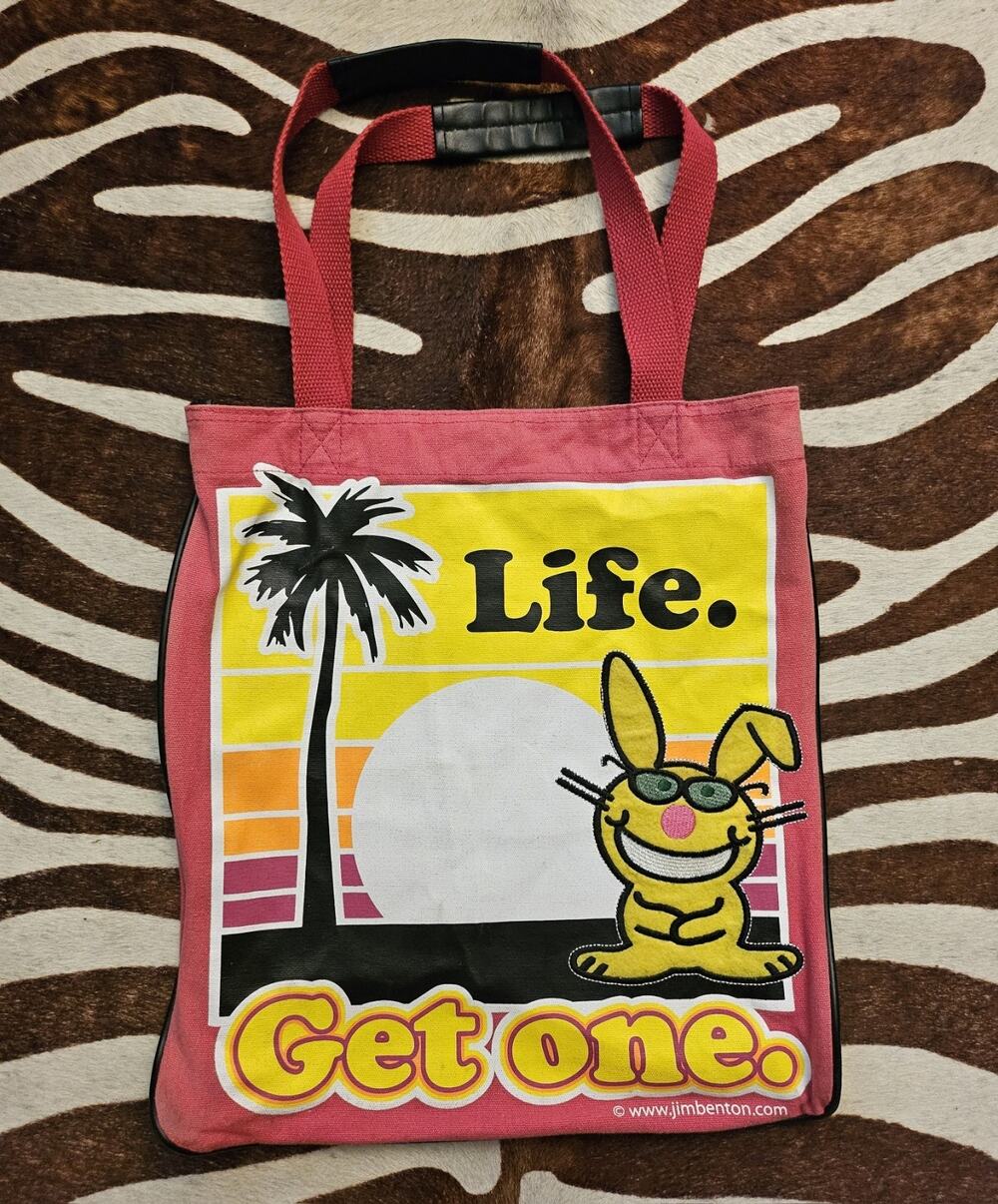 Vintage Y2K It's Happy Bunny! "Life. Get one" Pink Canvas Tote Bag Embroidered